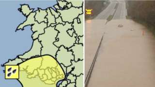 A weather warning map and flooding from the A55