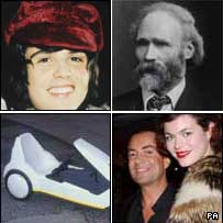 photographs (clockwise) of Donny Osmond, Keir Hardie, Julien MacDonald and a Sinclair C5