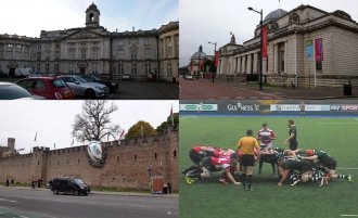 Top: The chemistry division of Cardiff University (left) while the National Museum Cardiff (right). Bottom: Rugby ball “smashed” into the wall of Cardiff Castle as a result of the Rugby World Cup 2016 (remaining) and two teams Cardiff Blues (in purple) and Nottingham playing against both within the British & Irish Cup.